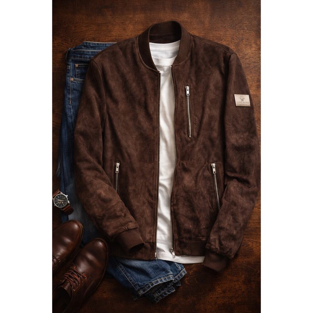 Brown Suede Bomber Jacket Mens Small Key Biscayne Zip Minimalist 90s Style